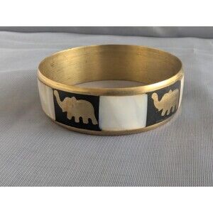 Vintage Elephant Bangle Bracelet Gold Tone Black Enamel Shell Style